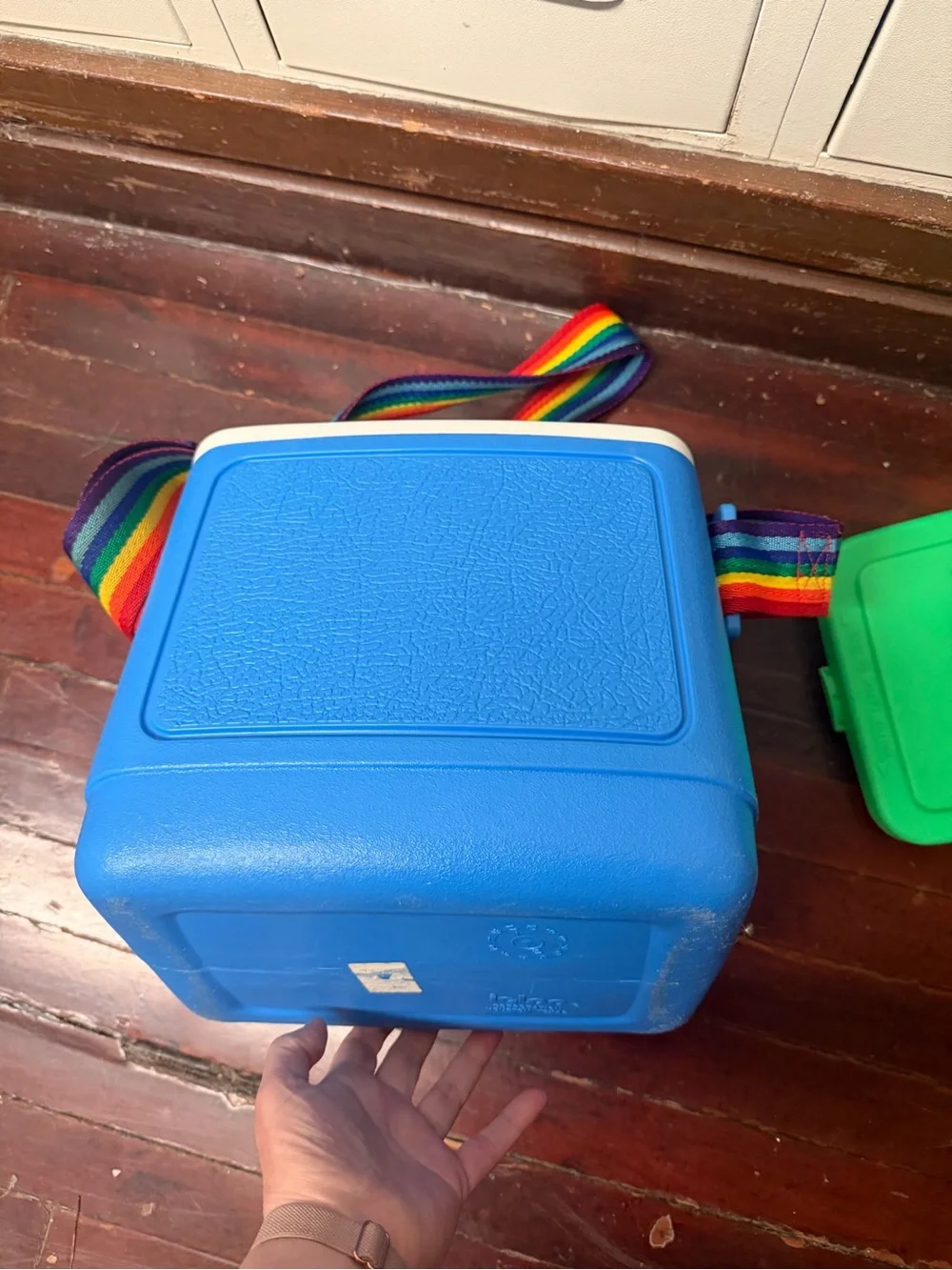 Vintage Igloo tag along 10 Blue Cooler with Green Lid and Rainbow Strap